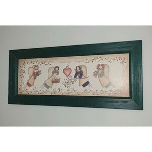 VTG Cottagecore Gardening Angels Wall Art Framed Folk Country Decor 18x8